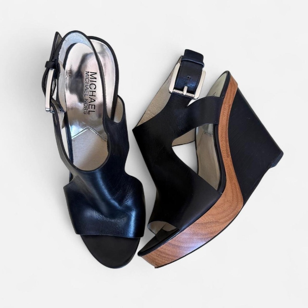Vintage Michael Kors leather and wood wedge peep toe heels